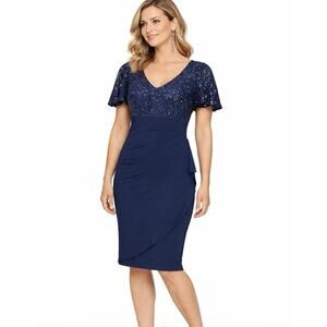 Alex Evenings Size 12 NWT Navy Sequin Lace Ruched Cocktail Dress $189 Wedding